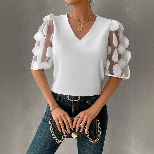 Damen V-Ausschnitt Bluse mit transparenten Puffärmeln R&B