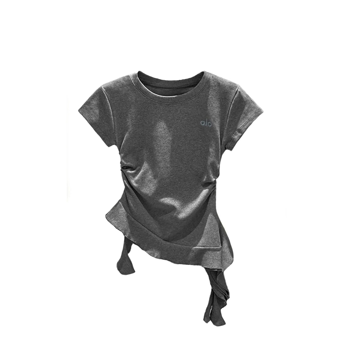 Damen nan kurzärmeliges Baumwoll-T-Shirt mit seitlicher Knotenraffung und Logostickerei R&B