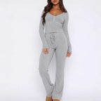 Damen Loungewear-Anzug aus weichem Rippstoff mit Knopfleiste und elastischem Bund R&B