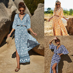 Damen Maxikleid mit floralem Boho-Design und tiefem V-Ausschnitt R&B