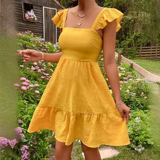 Damen luftiges Baumwollkleid mit Rüschendetails und offenen Rücken R&B