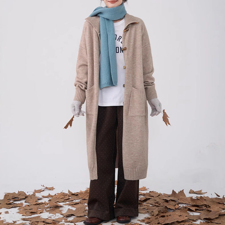 Damen langer Strickmantel mit Knöpfen und praktischen Taschen R&B