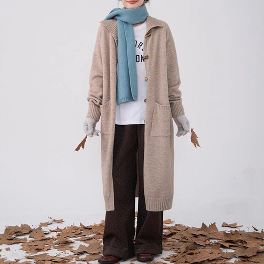 Damen langer Strickmantel mit Knöpfen und praktischen Taschen R&B