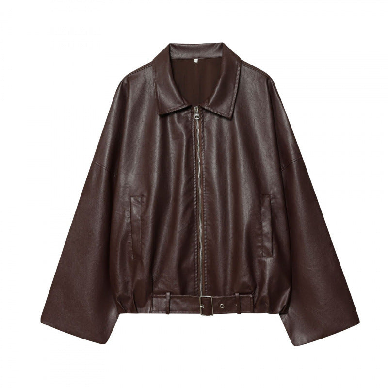 Damen modische Kunstlederjacke mit breiten Ärmeln und praktischen Taschen R&B