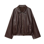 Damen modische Kunstlederjacke mit breiten Ärmeln und praktischen Taschen R&B