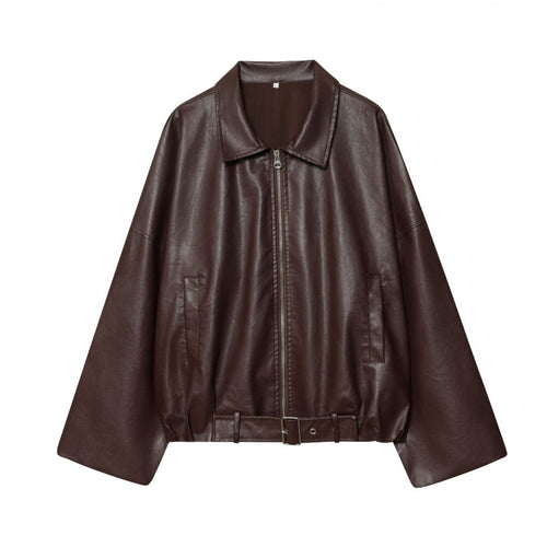 Damen modische Kunstlederjacke mit breiten Ärmeln und praktischen Taschen R&B