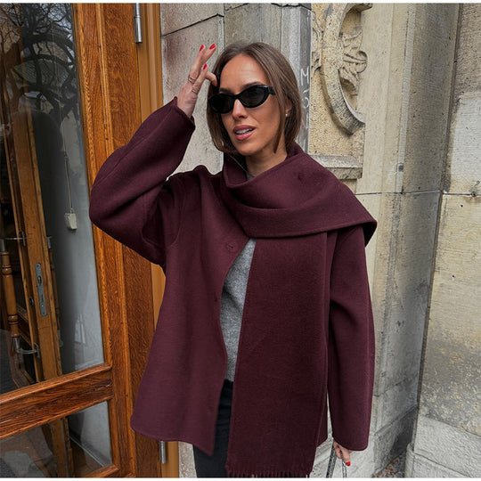 Damen lässige Oversized Jacke mit integriertem Schal R&B