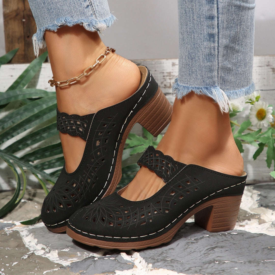 Damen Modische Clogs mit floralem Cut-Out-Design und komfortablem Blockabsatz R&B