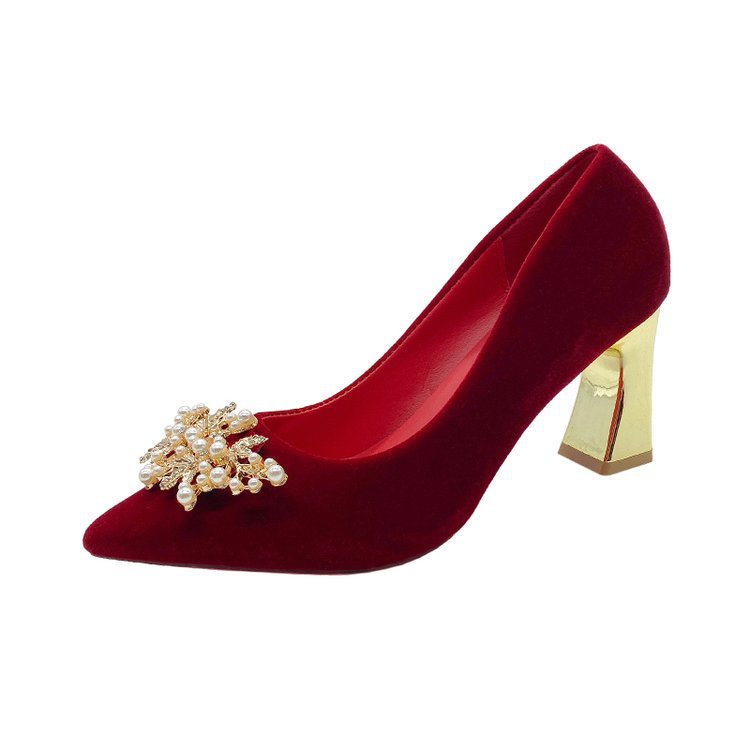 Damen elegante Velours-Pumps mit luxuriösem Perlen-Schmuckdetail R&B