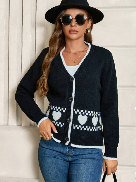 Damen Cardigan mit Herzmuster und kontrastierenden Details R&B