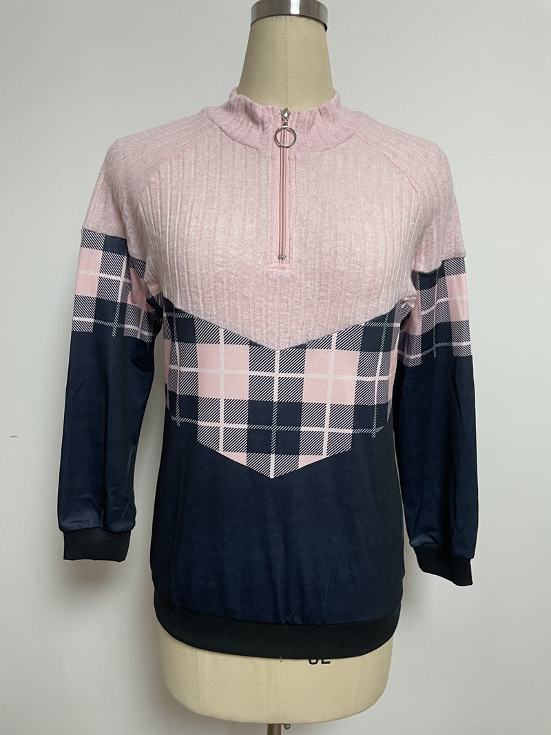 Damen nan weichgriffiger Sweatpullover mit Kurzreißverschluss, Stehkragen und Karopaneel R&B