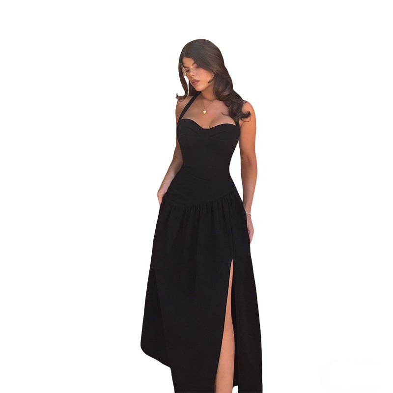 Damen schulterfreies Maxikleid mit raffiniertem Halterneck und fließendem Rock R&B