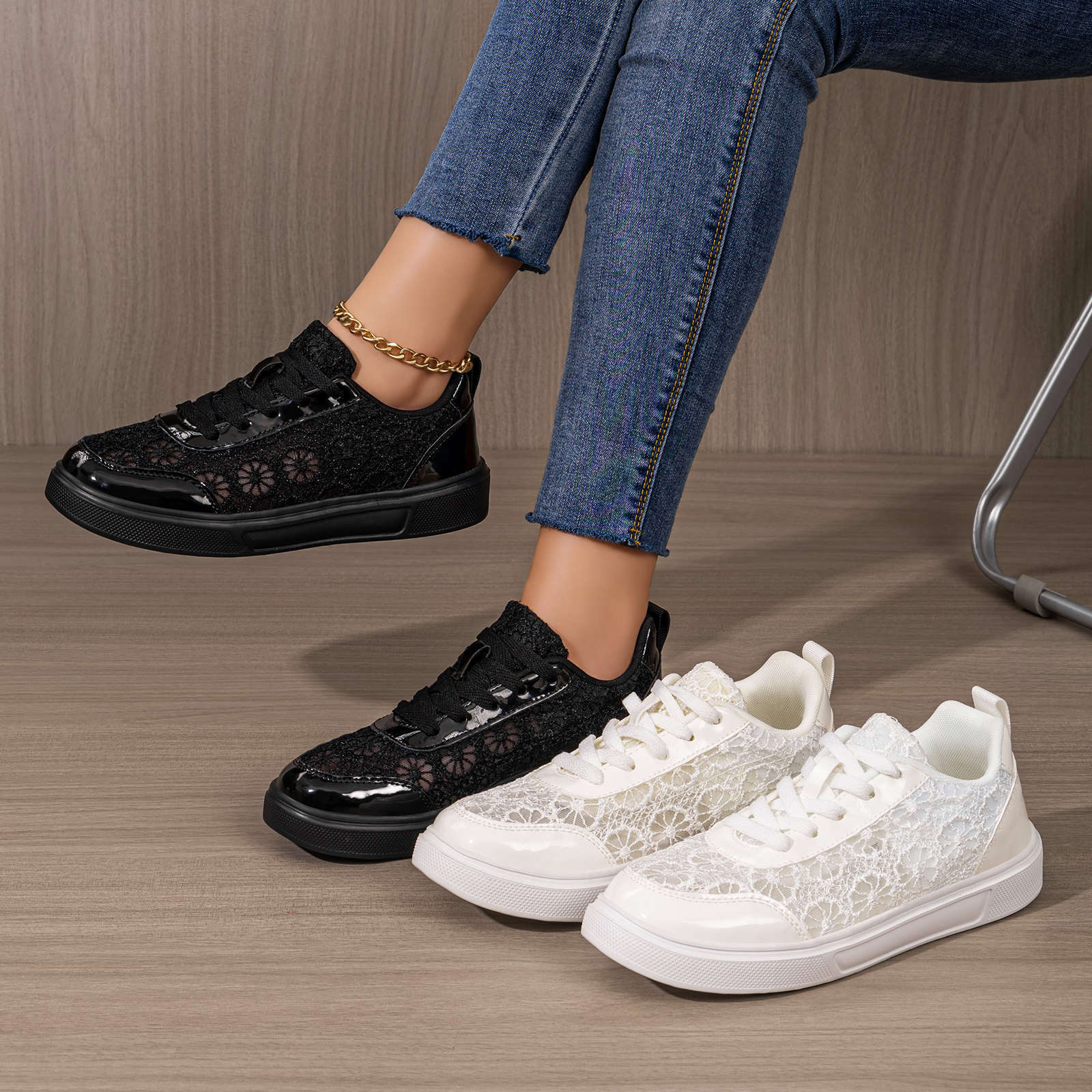 Damen nan eleganter Plateausneaker mit feinem Spitzenbesatz, gepolstertem Fersenkragen und stoßdämpfender EVA-Sohle R&B