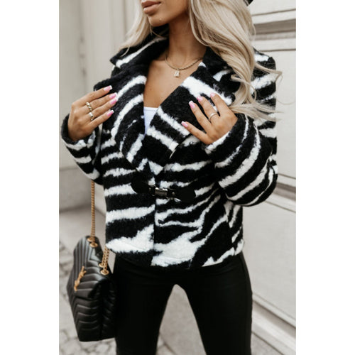 Damen Designer-Fleecejacke mit Leopardenmuster und eleganter Knopfdetail R&B
