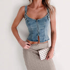 Damen Denim-Corsage mit Reißverschluss und verstellbaren Trägern R&B