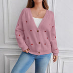 Damen Strickjacke mit Herzmotiven und Knopfverschluss