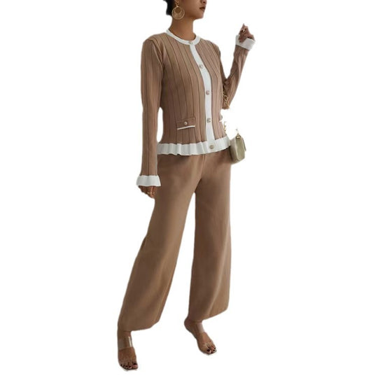 Damen elegantes Strick-Loungewear-Set mit dekorativen Details R&B
