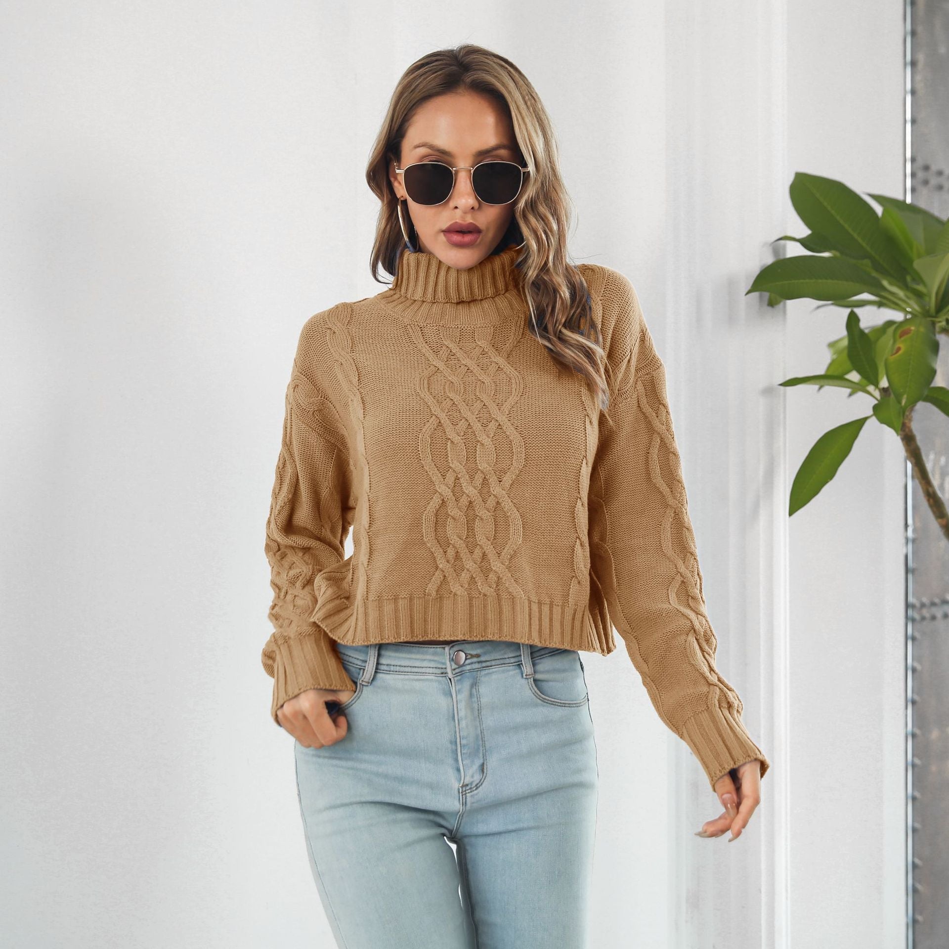 Damen Grobstrickpullover mit hohem Kragen und Zopfmuster R&B