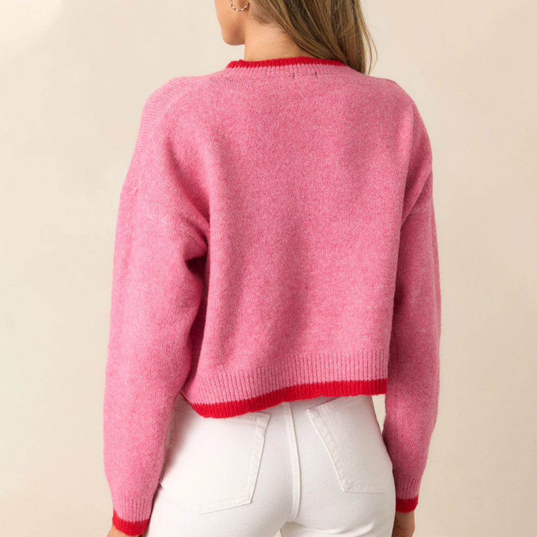 Damen trendiger Pullover mit Erdbeer-Motiv und Kontrastbündchen R&B