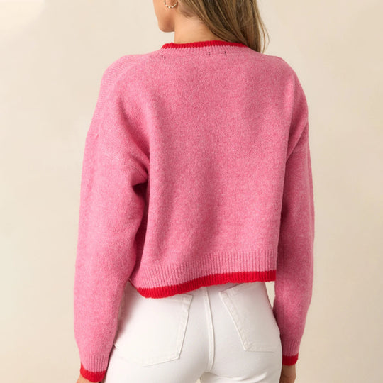 Damen trendiger Pullover mit Erdbeer-Motiv und Kontrastbündchen R&B