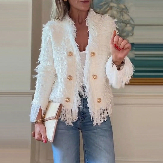 Damen nan fransenbesetzte Kurzjacke mit strukturierter Oberfläche und Zierknopfreihe R&B