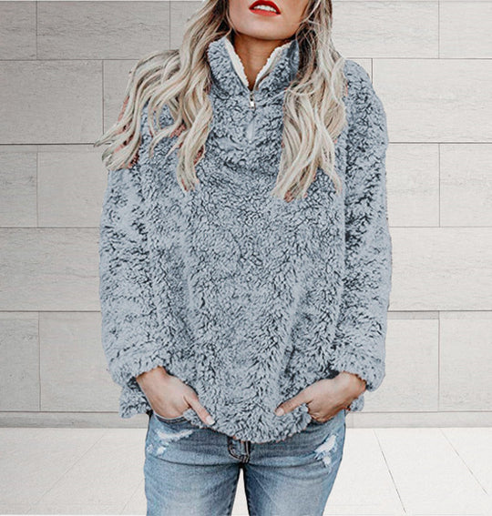 Damen Flauschige Fleece-Pulloverjacke mit hohem Kragen und Reißverschluss R&B