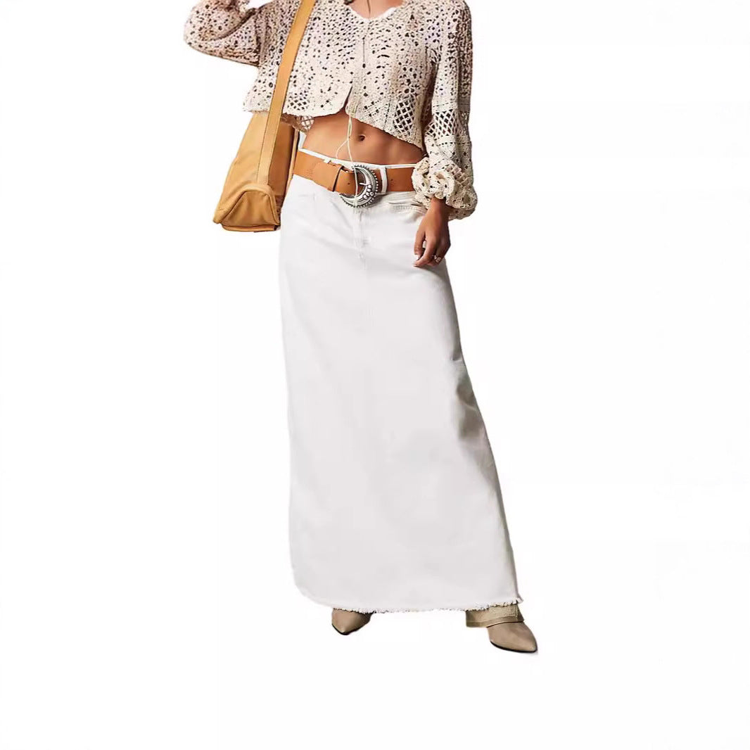 Damen Langer Denim-Rock mit hoher Taille und Taschen
