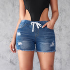 Damen Denim-Shorts mit elastischem Bund und modischen Destroyed-Details R&B