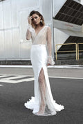 Damen Hochgeschlitztes Abendkleid mit transparentem Oberteil und Perlenapplikationen R&B