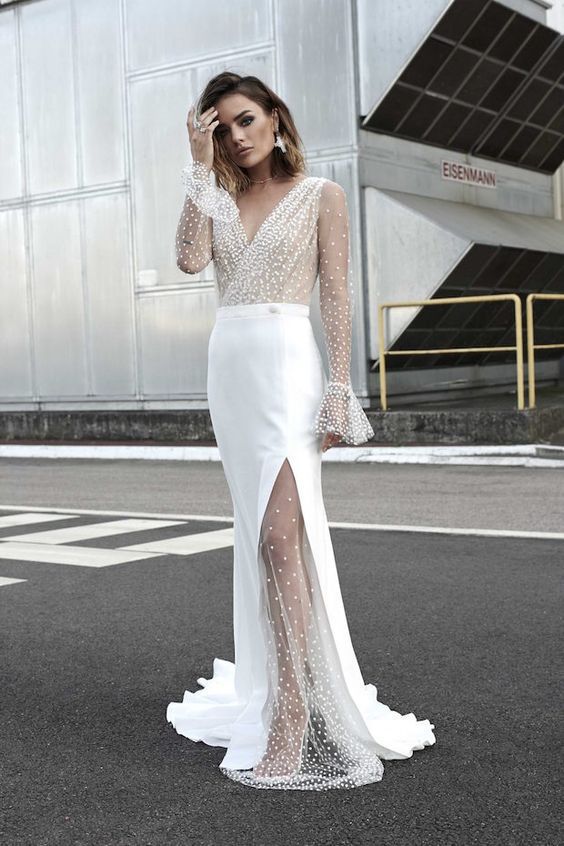 Damen Hochgeschlitztes Abendkleid mit transparentem Oberteil und Perlenapplikationen R&B