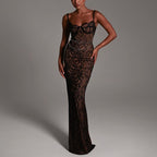 Damen Elegantes Spitzenmaxikleid mit tiefem Ausschnitt und enganliegender Silhouette R&B