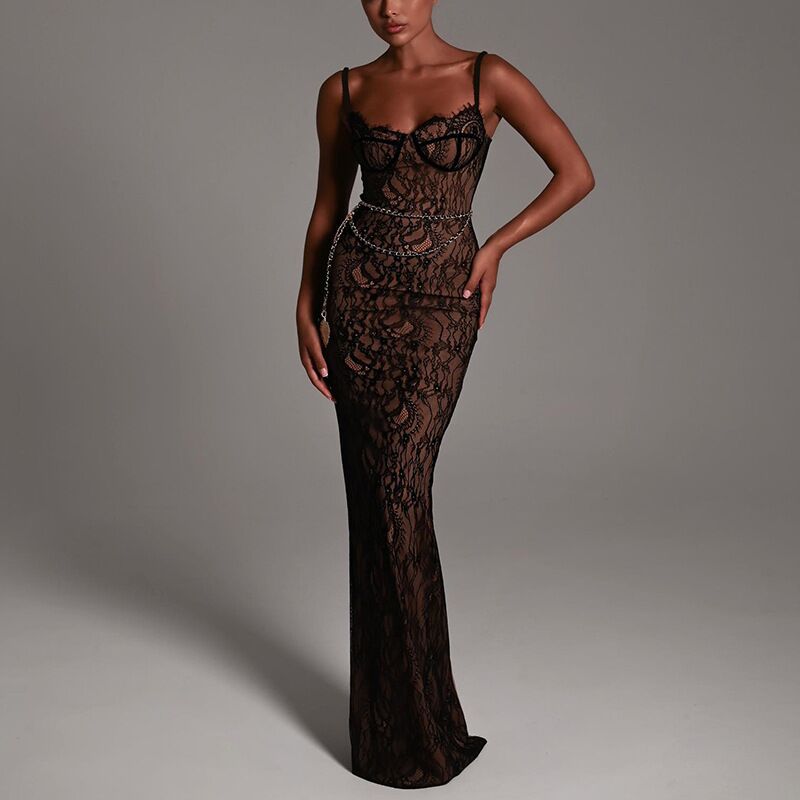 Damen Elegantes Spitzenmaxikleid mit tiefem Ausschnitt und enganliegender Silhouette R&B