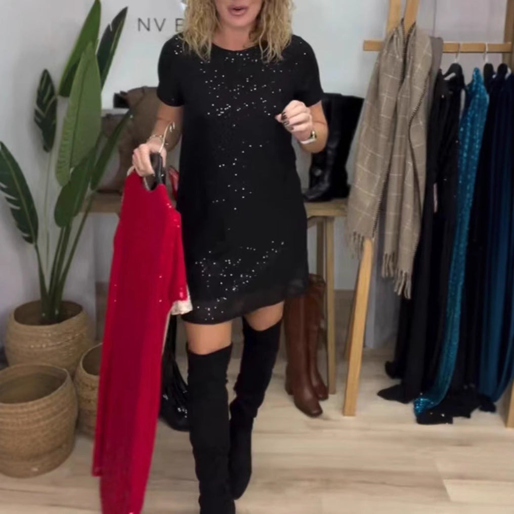 Damen Glamouröses Minikleid mit funkelnden Pailletten und elastischem Bund Heidi-Mode