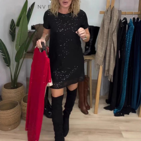 Damen Glamouröses Minikleid mit funkelnden Pailletten und elastischem Bund Heidi-Mode