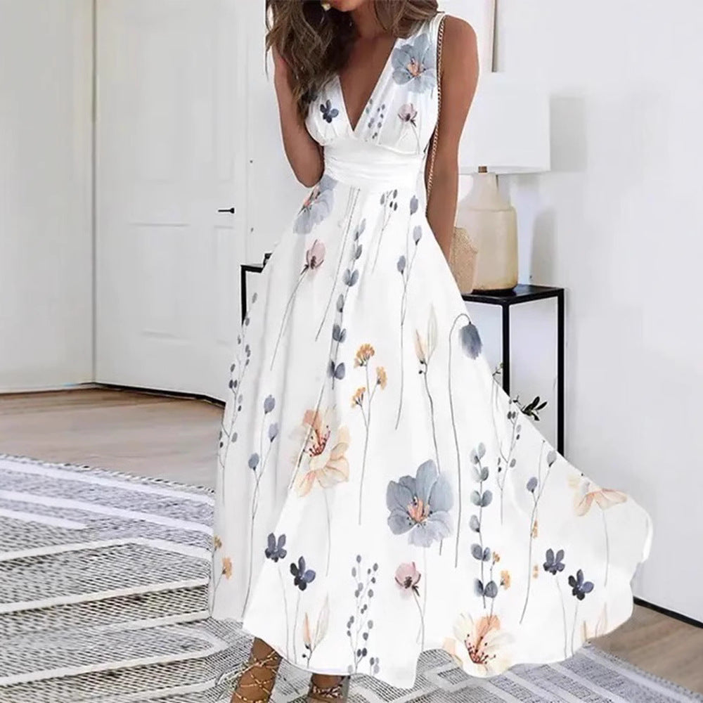 Damen Blumiges A-Linien Maxikleid mit V-Ausschnitt und eleganten Trägern R&B