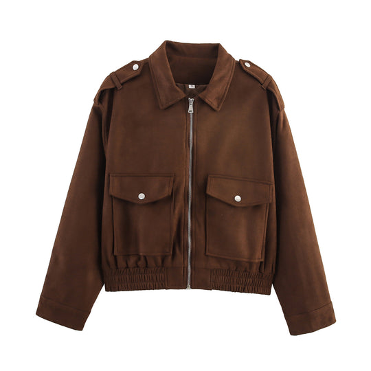 Damen lässige Kunstleder-Bomberjacke mit praktischen Taschen R&B