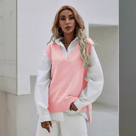 Damen Strickweste mit V-Ausschnitt und breitem Rippdesign R&B