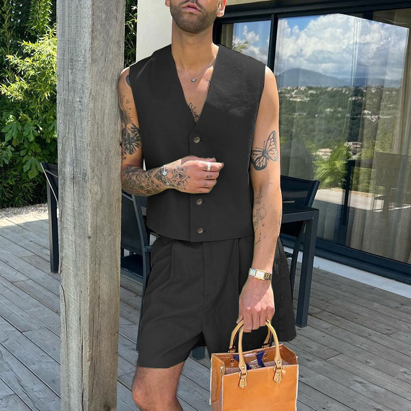 Damen nan elegantes maßgeschneidertes Ensemble mit taillierter Weste und hochtaillierten Shorts R&B