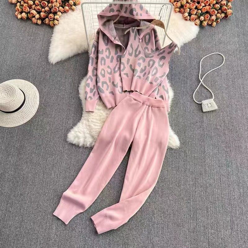 Damen lässiges Hoodie- und Jogginganzug-Set mit Leopardenmuster R&B