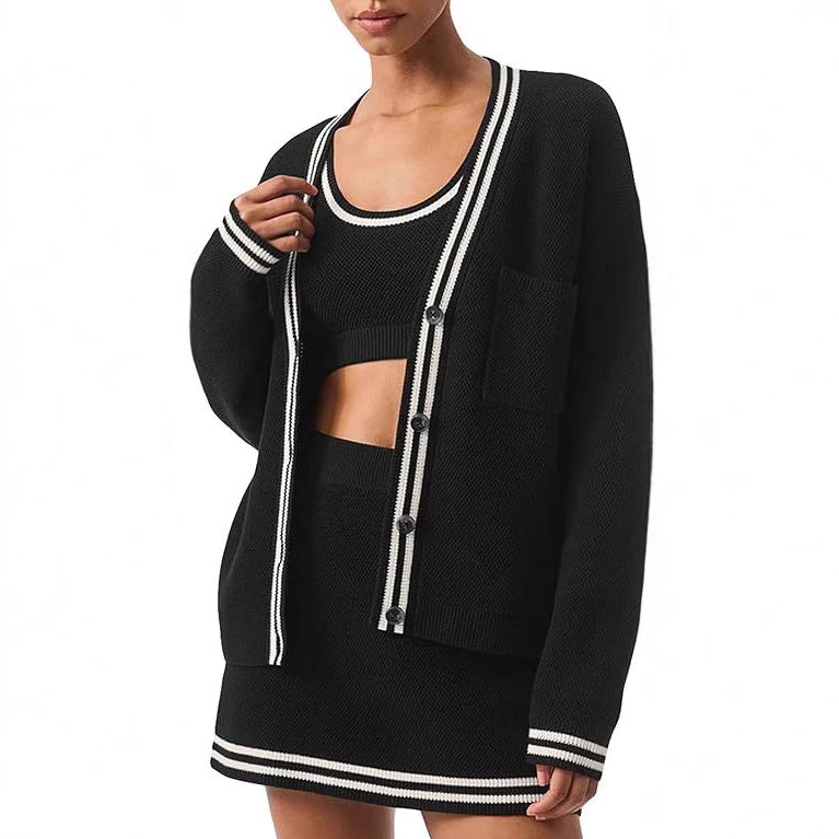Damen Strickjacke mit kontrastierenden Borten und Taschen R&B