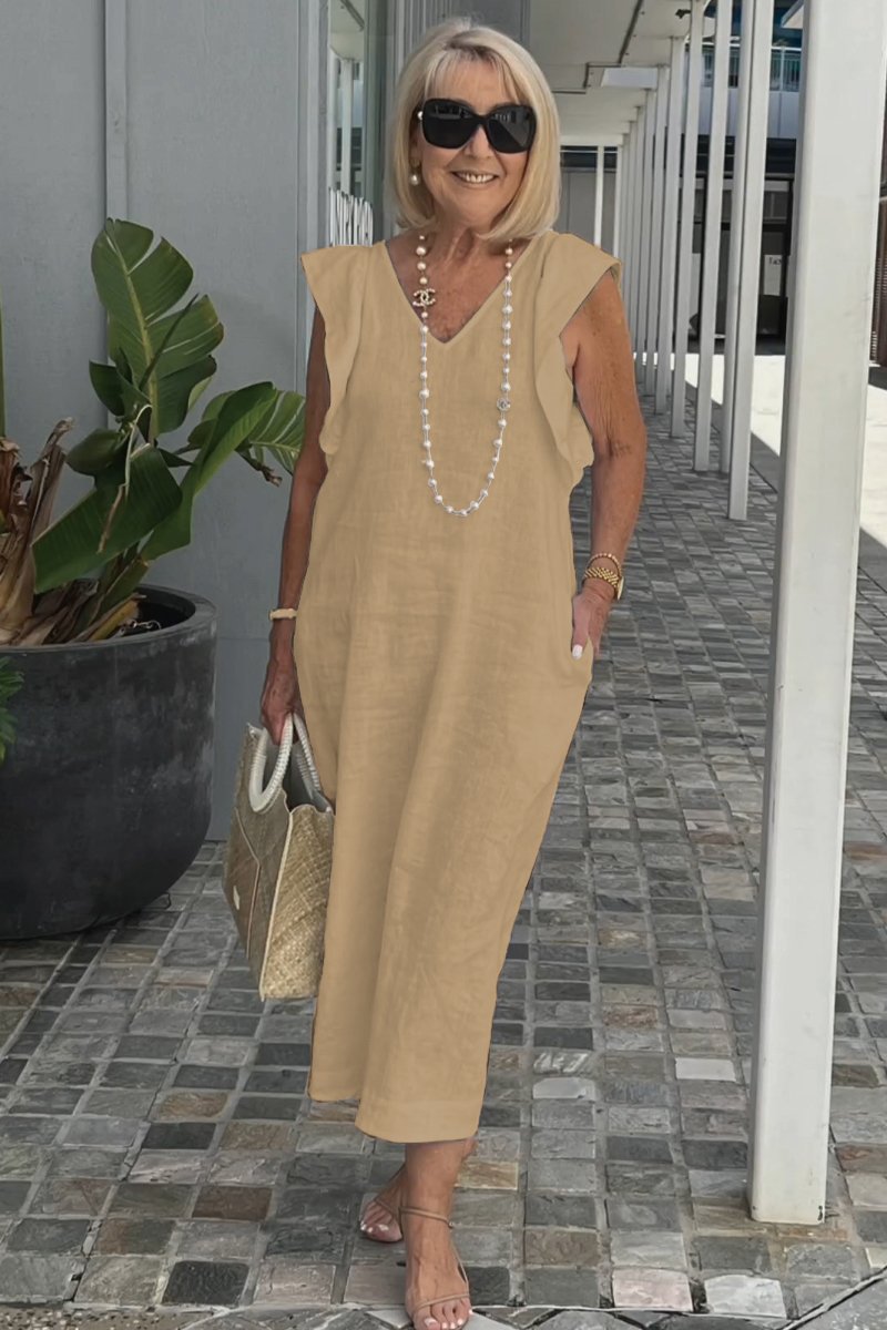 Damen Maxikleid mit V-Ausschnitt und angeschnittenem Ärmel R&B