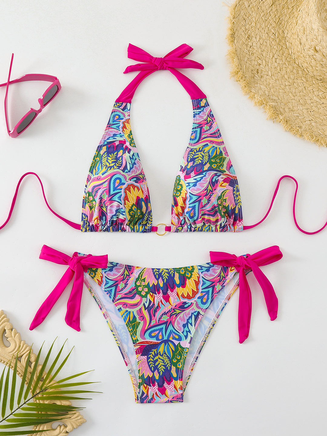 Damen Bikini-Set mit buntem Floral-Design und verstellbaren Bindebändern R&B
