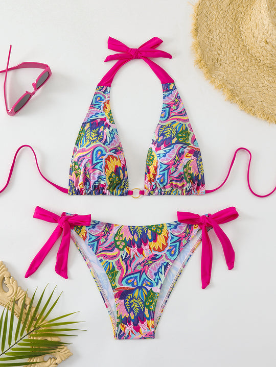 Damen Bikini-Set mit buntem Floral-Design und verstellbaren Bindebändern R&B