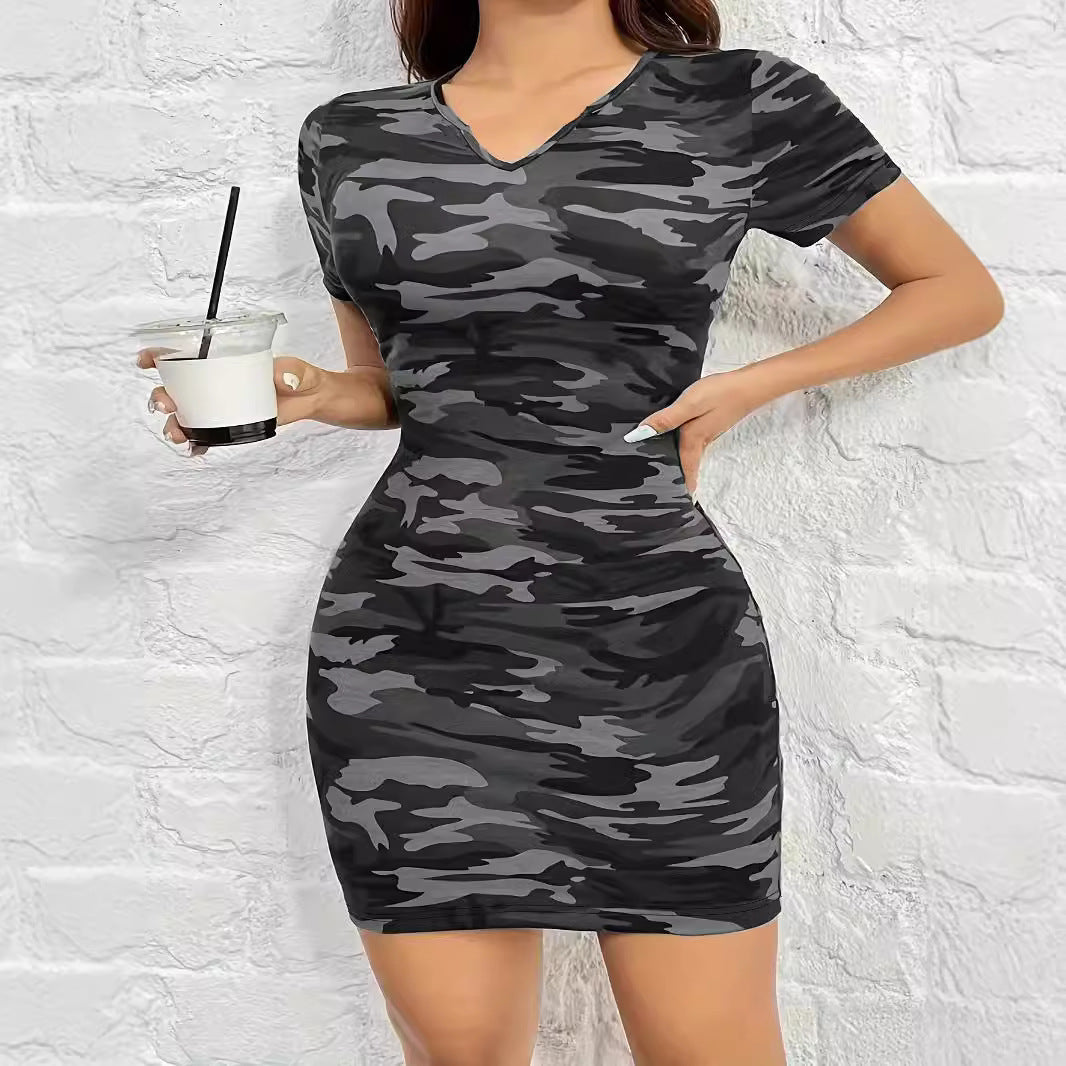 Damen figurbetontes Camouflage-Kleid mit V-Ausschnitt und elastischem Material R&B