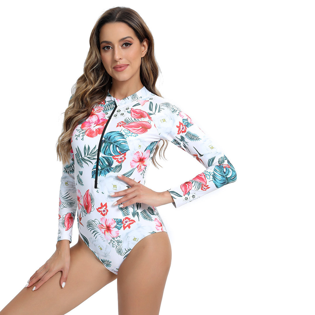 Damen Langarm Schwimmanzug mit Reißverschluss und modernem Marmor-Design R&B