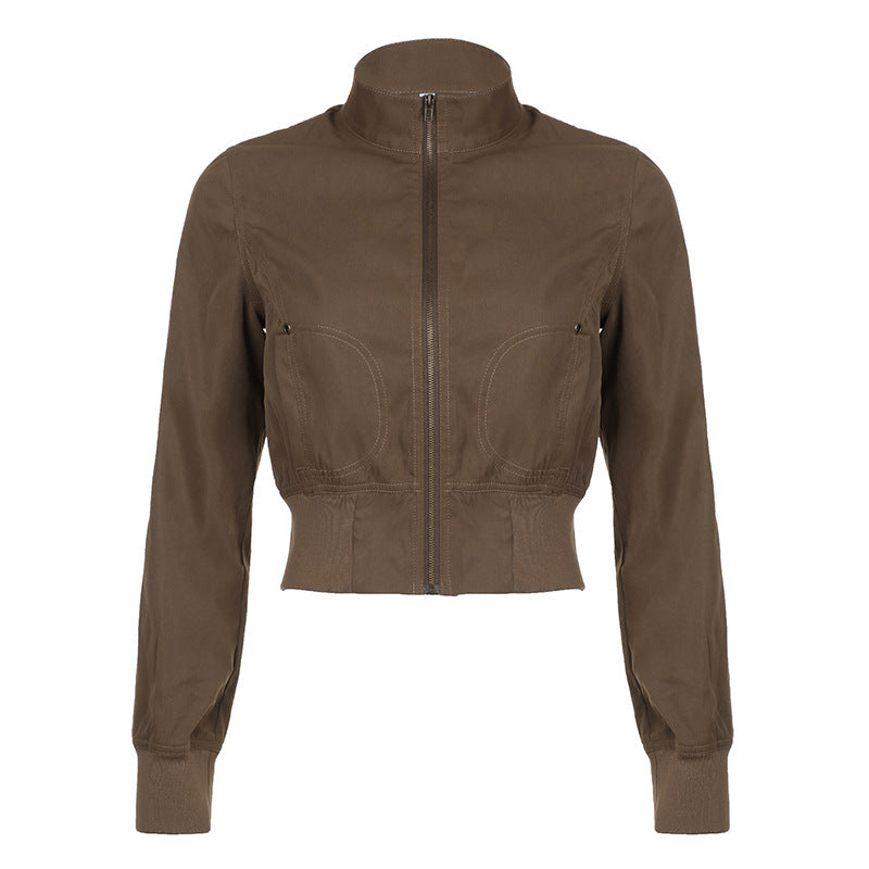 Damen modische cropped Jacke mit Stehkragen und Reißverschluss R&B