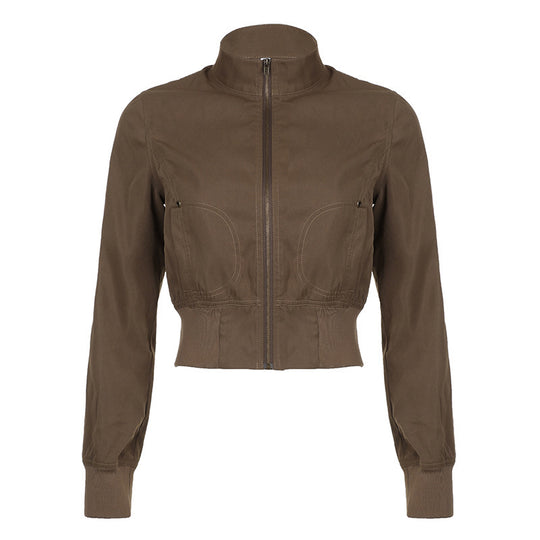 Damen modische cropped Jacke mit Stehkragen und Reißverschluss R&B