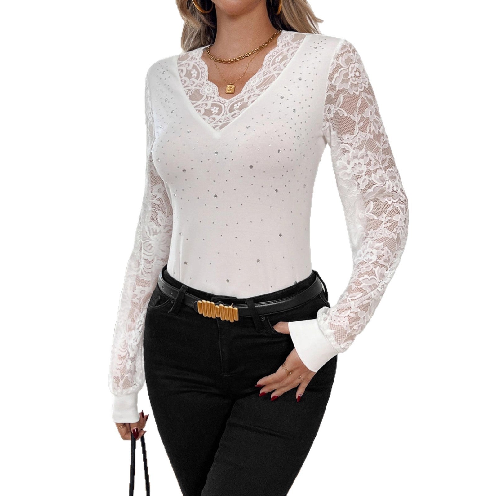 Damen nan figurbetontes Spitzenshirt mit V-Ausschnitt, transparenten Spitzenärmeln und Strassbesatz R&B