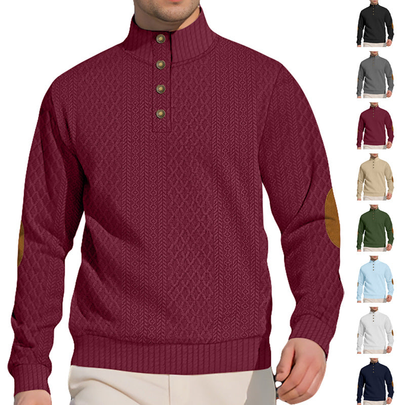 Herren nan edler Knopfsweater im Zopfmuster mit hohem Stehkragen und Wildleder-Ellenbogenpatches R&B