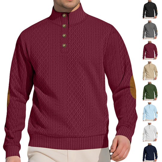 Herren nan edler Knopfsweater im Zopfmuster mit hohem Stehkragen und Wildleder-Ellenbogenpatches R&B